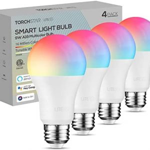 TORCHSTAR LED Smart WiFi Bulb, RGBCW Color Changing A19, Compatible with Alexa & Google Home & Echo Assistant, 10%-100% Dimmable with App, No Hub Required, E26 Base, Pack of 4