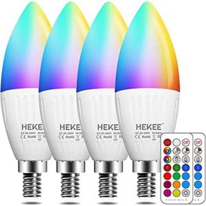 HEKEE E12 LED Candelabra Light Bulbs, Color Changing Candle, 40W Incandescent Equivalent, 450 Lumen, RGB + 2700K Warm White, 5Watt, 12 Colors, 2 Modes, Timer, Remote Control (4 Pack)