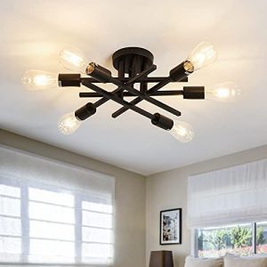 ASGYISA Semi Flush Mount Modern Ceiling Light Fixture, 6 Lights Black Vintage Matte Sputnik Chandelier Ceiling Lamp with E26 Bulb Base for Farmhouse Dining Room Living Room Bedroom Study Kitchen