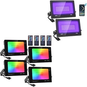 Onforu 4 Pack RGB LED Flood Light and 50W LED Black Lights,DIY Color Changing Stage Lights with Remote, Christmas Light,Dimmable Bluetooth Smart Blacklight Flood Light,IP66 Indoor Outdoor Floor Strobe