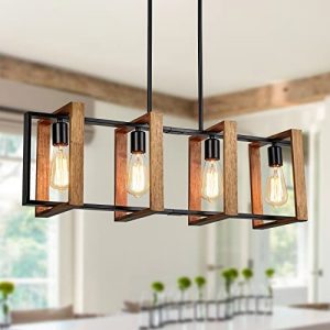 Kitchen Island Light Dining Room Light Fixtures 4-Light Farmhouse Black Pendant Lighting for Kitchen Island, Living Room, Dining Room, Wood Hanging Ceiling Chandelier