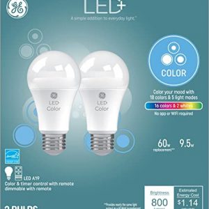 GE LED+ Color Changing Light Bulbs, 18 Colors & 5 Light Modes, No App or Wi-Fi Required, Remote Included, A19 Light Bulb (2 Pack)