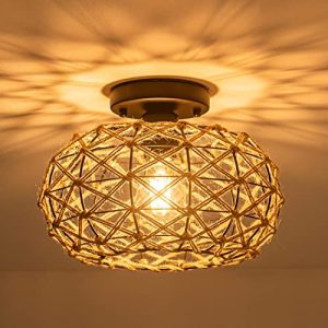 TSMKLEDAN Rattan Flush Mount Ceiling Light, Hand-Worked Woven Hemp Rope Cage Flush Mount Light Fixture, Boho Light Fixture for Bedroom, Hallway, Foyer, Corridor, Nursery