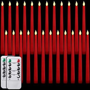 24 Pack Christmas Flameless Flicker Taper Candles with Remote and Timer, Ivory LED Taper Candles Bulk, Battery Operated Window Candles Light for Home Wedding Decoration Gifts, 11 Inch (Red)