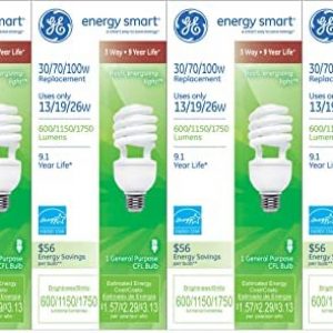 (4 Bulbs) GE Lighting 77123 Energy Smart CFL 3-Way 13/19/26-Watt (30/70/100 watt Replacement) 600/1150/1750-Lumen T3 Spiral Light Bulb with Medium Base