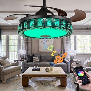 FANEPRO 42″ Black Fandelier Smart Ceiling Fan with Lights Bluetooth Speaker, Retractable Blades RGB Color Dimmable Crystal LED Chandelier with Remote Control, 3 Speeds, Silent Ceiling Fan Fixtures