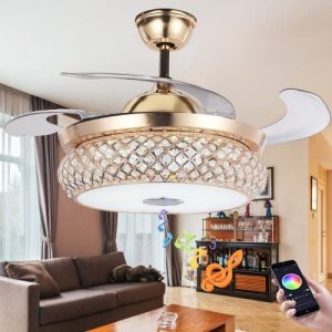 FANEPRO 42″ Retractable Ceiling Fan with Lights Remote Control, Smart Fandelier with Bluetooth Speaker Modern Crystal 7 Color Dimmable LED Chandelier, 3 Speeds Gold Invisible Fan Lighting Fixtures