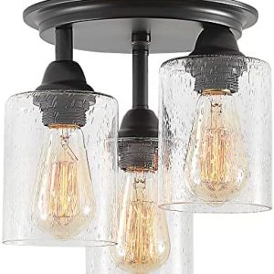 LEDIARY Semi Flush Mount Ceiling Light Fixtures, 3-Light Industrial Black Light Fixtures Ceiling Mount, Kitchen Light Fixtures with Clear Seeded Glass Shades for Hallway, Entryway, Bedroom
