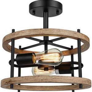 Lakumu 2-Light Retro Semi Flush Mount Ceiling Light Fixture, Rustic Vintage Wood Ceiling Light Black Metal, Industrial Farmhouse Ceiling Lamp for Hallway Entryway Bedroom Balcony Farmhouse Dining Room