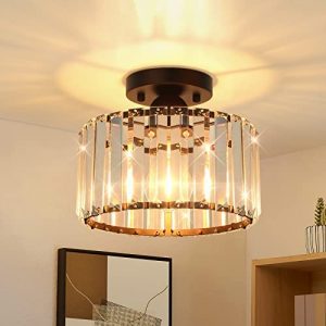 Semi Flush Mount Ceiling Light Fixture – Crystal Ceiling Light Farmhouse Chandelier Black Metal Cage Ceiling Lighting with E26 Base Close to Ceiling Lamp for Kitchen Bedroom Hallway Bathroom Entryway