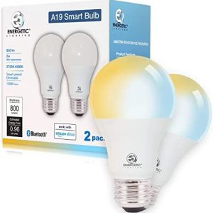Smart LED Light Bulb, Tunable White 2700K-6500K Dimmable A19 60W Equivalent, Works with Alexa, 2-Pack, Amazon Only Energetic Bluetooth Light Bulb