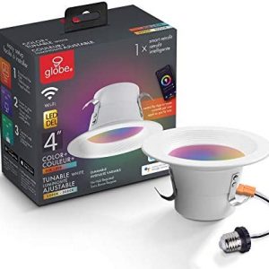 Globe Electric 50078 Wi-Fi Smart 4″ LED Retrofit Recessed Light, No Hub Required, Voice Activated, 10 W, Multicolor Changing RGB, White 2000K – 5000K, 600 Lumens, GU10 and E26 Adaptors Included