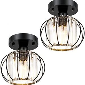 Feanron Industrial Semi Flush Mount Hallway Ceiling Light, Small Clear Crystal Ceiling Lighting Fixtures with Black Cage, Farmhouse Indoor Modern Mini Close to Ceiling Lamp for Kitchen Porch, 2 Pack