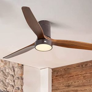 Sofucor Low Profile Ceiling Fan with Lights Flush Mount Ceiling Fan with Remote Control 52” Wood Ceiling Fan 3 Reversible Dark Wood Blades Noiseless DC Motor