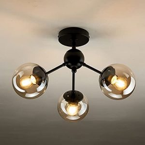 UOFUS 3-Light Chandelier Black Semi Flush Mount Ceiling Light Fixture Glass Shade Modern Lighting for Hallway Kitchen Living Room Dining Room Bedroom Farmhouse