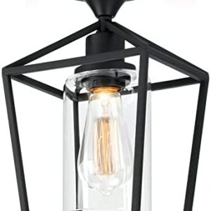Melovom Clear Glass Semi Flush Mount Ceiling Light, Black Industrial Ceiling Light Fixtures, Industrial Vintage Ceiling Light Fixture for Hallway, Porch, Dining Room, Kitchen