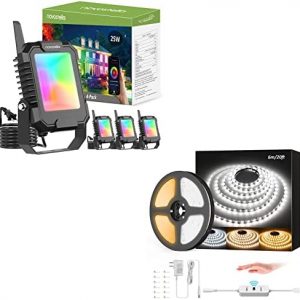 NOVOSTELLA Smart LED Flood Light Outdoor Uplights RGB+CW 25W 2700K-6500K & 20ft Hand Wave Activated Tunable White LED Strip Light
