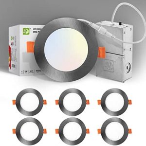 ASD Ultra Thin 4 Inch Brushed Nickel LED Recessed Lights, 5 CCT 2700K-5000K, 12W 50W Eqv, Dimmable Canless Ceiling Wafer Downlight with Junction Box, 893Lm High Brightness – UL Energy Star 6 Pack