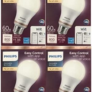 Philips Soft White A19 LED 60W Equivalent Dimmable WiZ Connected Smart Light Bulb 4 Pack