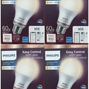 Philips Tunable White A19 LED 60W Equivalent Dimmable Wiz Connected Smart Wi-Fi Light Bulb 4 Pack