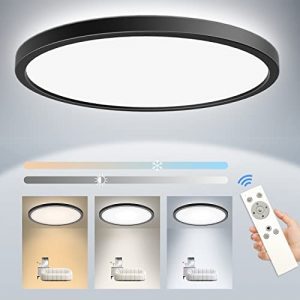 Flush Mount Ceiling Light Fixture Remote Control, Peasur 12inch 24W Dimmable LED Ceiling Light Black 3200LM Ceiling Lights 3000k/4500k/6000k Adjustable with Night Light for Kitchen Bedroom Dining Room