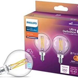 Philips LED Ultra Definition G16.5 Glass Light Bulb, EyeComfort Technology, Dimmable, 350 Lumen, Soft White Light (2700K), 3.5W=40W, E12 Base, 2-Pack (573303)