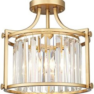 Cargifak Crystal Semi Flush Mount Chandelier, 11” Gold Ceiling Light, Modern Flush Mount Light Fixture for Bedroom Kitchen Laundry Entryway, CL4832-1W-PG