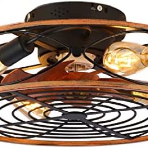 20″Caged Low Profile Ceiling Fans with Lights Remote, Farmhouse Small Industrial Flush Mount Black Bladeless bedroom fandalier 6 Speeds Reversible Moto 1-4 Timing for rustic kitchen/Living Room