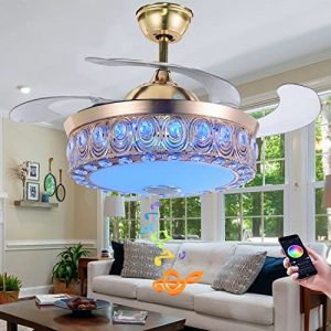 FANEPRO 42″ Retractable Ceiling Fan with Lights Remote Control, Modern Crystal 7 Color Dimmable LED Chandelier Smart Fandelier with Bluetooth Speaker, 3 Speeds Silent Gold Fan Lighting Fixtures