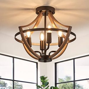 lighceac 16“ Farmhouse Chandelier Light Fixtures 4-Light Rustic Flush Mount Ceiling Light Faux Wood Vintage Chandeliers Pendant Lighting for Dining Room Kitchen Foyer Hallway Entryway Bedroom Closet