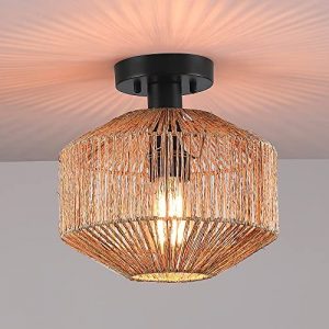 LAMPRESSION 1-Light Rattan Semi Flush Mount Ceiling Light, 10.2″ Bohemian Semi Flush Mount Light Fixture with Cage Shade, Woven Jute Rope Ceiling Light for Bedroom Kitchen Entryway…