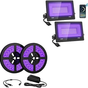 Onforu 2 Pack 50W LED Bluetooth Smart Black Lights and 32.8ft LED Black Light Strip Kit, IP66 Blacklight for Halloween Party, Glow in The Dark,Stage Lighting, Body Paint