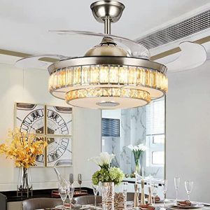 HNDDS Lighting 42″ Crystal Chandelier Ceiling Fan with Lights Retractable Blades 7 Dimmable 6 Speed Reverse Fandelier with Bluetooth Speaker Chandelier Fan for Living/Bedroom