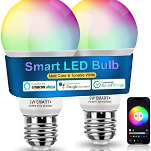 Vicsoon Smart Light Bulbs, RGB White Color Changing Light Bulbs with WiFi App Control, Music Sync Scene Mode, Schedule Bulb On Off, Work with Alexa, Google Assistant, E26 9W A19 Bulb, 2 Pack