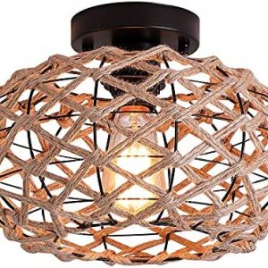 Nomita Rustic Woven Flush Mount Light Fixture Industrial Hemp Rope Cage Semi Flush Mount Ceiling Light for Hallway Bedroom Kitchen Entryway Farmhouse, Black