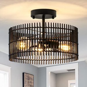 SGLfarmty Black Semi Flush Mount Ceiling Light, Modern 3-Light Rattan Chandelier, Farmhouse Lighting Fixture with Woven Bamboo Shade, Rattan Light Fixture Ceiling for Kitchen, Living Room, Foyer