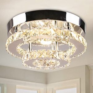 Cainjiazh Mini Chandelier LED Crystal Ceiling Light 2 Layers Round Flush Mount Ceiling Light Modern Chandelier Lighting for Hallway Staircase Kitchen Bathroom (Dimmable)