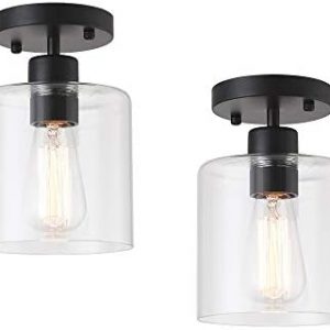 KLSS 1-Light Black Farmhouse Glass Semi Flush Mount Ceiling Light,Rustic Ceiling Light Fixture for Closet Hallway,Matte Black Finish,Clear Glass Shade,E26,5.9inch,2 Pack