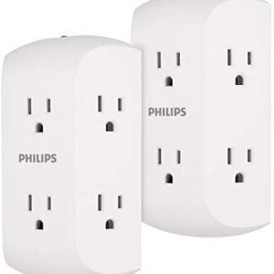 Philips 6-Outlet Extender, 2 Pack, Resettable Circuit Breaker, Adapter Spaced Outlets, 3-Prong, Charging Station, Side Access, Grounded Wall Tap, Perfect for Cell Phone Charging, White, SPS1462WA/37