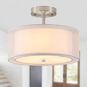 MEIXISUE Semi Flush Mount Ceiling Light,3-Lights Modern Drum Lights Fixtures for Bedroom Dining Room Living Room Kitchen Hallway Entry Foyer,Nickel Metal Double Fabric Shade 12.6″ UL Listed