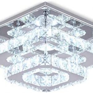 Finktonglan Crystal LED Ceiling Light, Ceiling Crystal Lamp Stainless Steel K9 Modern Flush Mount Lights Fixture Square Chandelier Ceiling Lamp for Dining Room Living Room Bedroom (Cool White)