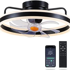 Asyko Low Profile Ceiling Fan – 360-Degree Oscillating Flush Mount Ceiling Fan with APP Control, Reversible, Small Modern Ceiling Fan with Lights and Remote, 19″ Bladeless Enclosed Ceiling Fan