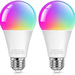 Maylaywood Smart Light Bulbs 2-Pack, Color Changing WiFi Light Bulb, A19 RGB Dimmable LED Smart Home Lighting Bulb Compatible Alexa, Google Home, 12W, 1100LM, Bluetooth, 2.4GHz only, Multicolor