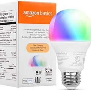 Amazon Basics Smart A19 LED Light Bulb, Color Changing, 2.4 GHz Wi-Fi, 60W Equivalent 800LM, Works with Alexa Only, 1-Pack, Certified for Humans