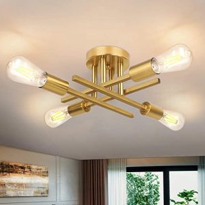 Tickjoy Modern 4 Light Semi Flush Mount Ceiling Light Fixture, Industrial Sputnik Chandelier Ceiling Lamp, Gold Farmhouse Lighting for Bedroom Bathroom Kitchen Dining Room Living Room Hallway Entryway