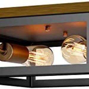 Modern 2-Light Flush Mount Ceiling Light – 13 inch Industrial Dark Wood with Matte Black Frame Vintage Semi Flush Mount Light Fixture, Perfect for Kitchen Entryway Hallway Basement Playroom, Square