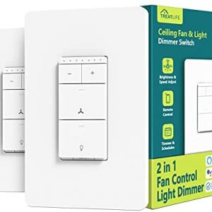 TREATLIFE Smart Ceiling Fan Control and Dimmer Light Switch 2PACK, Neutral Wire Needed, 2.4Ghz Single Pole Wi-Fi Fan Light Switch Combo, Works with Alexa, Google Home and SmartThings, Remote Control