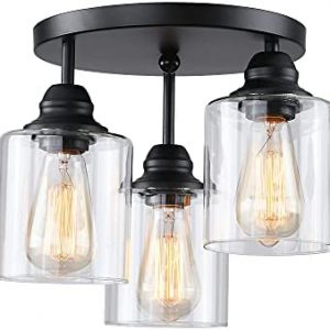 SINMILA 3-Lights Industrial Semi Flush Mount Ceiling Light, Vintage Light Fixture with Clear Seeded Glass Shade
