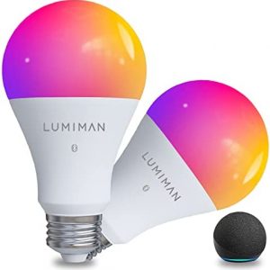LUMIMAN Smart Light Bulbs, Bluetooth Mesh Color Changing Alexa Light Bulb, Dimmable 7.5W A19 LED Smart Bulbs That Work with Alexa Only, RGB LED Light Bulbs, 800LM E26 No Hub Required, 2 Pack