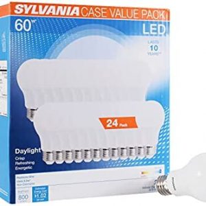 SYLVANIA LED A19 Light Bulb, 60W Equivalent, Efficient 8.5, 10 Year, W, 5000K, 800 Lumens, Frosted, Daylight – 24 Pack (74766)